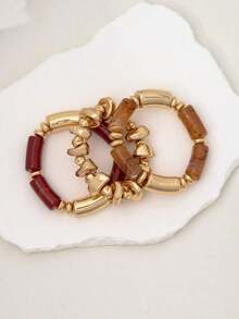 3pcs Vintage Multi-Layer Brown Acrylic Beaded Bracelet, Transformable Gold Chip Bracelet, For Women, Couples, Party, Daily Wear - 三件套 - 查看 3