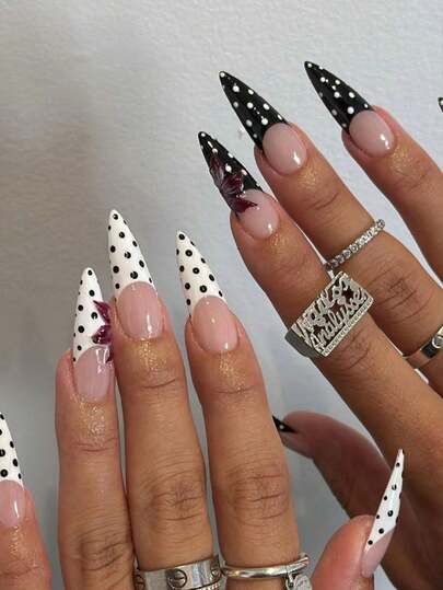 24pcs French Long Polka Dot False Nails, 3D Floral Adhesive Nail Stickers, Suitable For Women's Party, Ball And Daily Wear, Removable And Reusable Nail Accessories