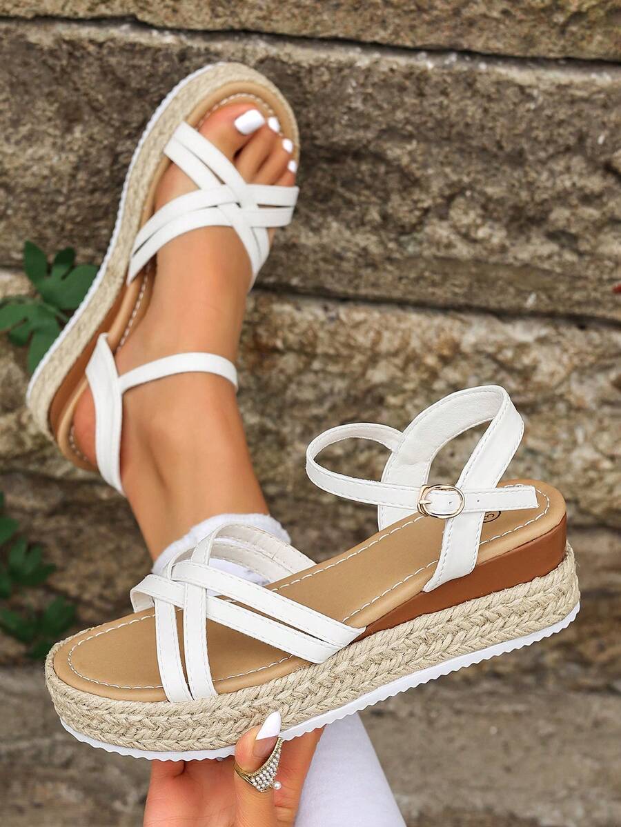 White Criss-Cross Woven Platform Sandals For Women, Summer One-Strap Thick Bottom Roman Shoes - 白色 - 查看 1