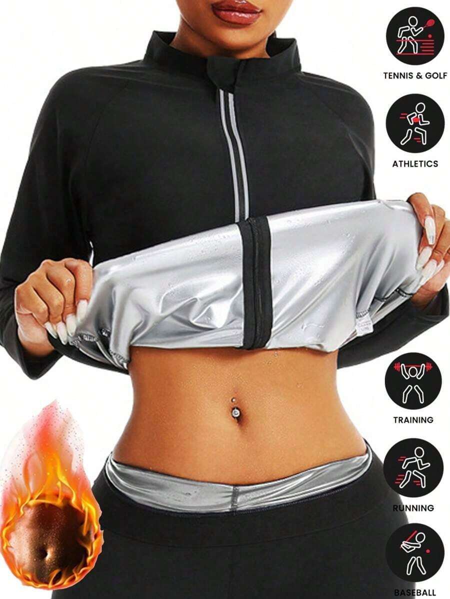 1pc 2024 New Women Outdoor Running/Fitness Long Sleeve Compression Shirt, With Zipper, Sauna Workout Sweat Activewear For Weight Loss, With Zipper Waist Training, Suitable For Autumn And Winter Shapewear, Waist Trainer, Sauna Suit, Workout Sweat Vest, Women Sauna Shirt, Exercise Sweat Vest, Size Runs Small, Order One Size Up For Loose Fit Gym Accessories For Belly Slimming Girdles, Lumbar Girdles For Belly Slimming Corset Spring - 藏蓝色 - 查看 1