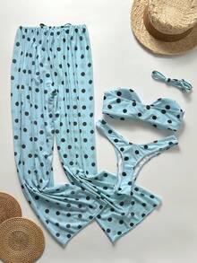 Bộ bikini 3 mảnh chấm bi xanh đen gợi cảm và thời trang, gồm áo quây điều chỉnh được + quần bơi cạp cao + quần ống rộng ôm sát, đồ bơi cần thiết cho kỳ nghỉ hè được các blogger khuyên dùng. - Màu xanh lam - Xem 7