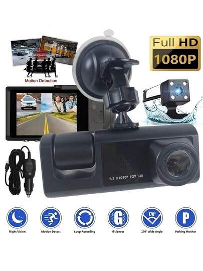 1个3通道1080P全高清双镜头行车记录仪，前后录像，2英寸显示屏，循环录像，150mAh电池（不含SD卡）