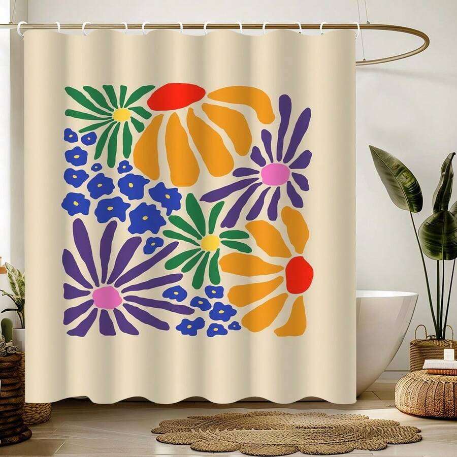 1pc Floral Pattern Art Spring Style Shower Curtain, Modern Painting-Style Design, Unique Home Gift, Gift For Friends, Machine Washable, All-Season Use, Bathroom Decor - Multicolor - View 1