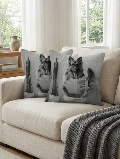 2Pcs Funny German Shepherd On Toilet Reading Newspaper Throw Pillow Covers Square Sofa Living Room Bedroom Bed Couch Chair Cushion Covers Home Decor