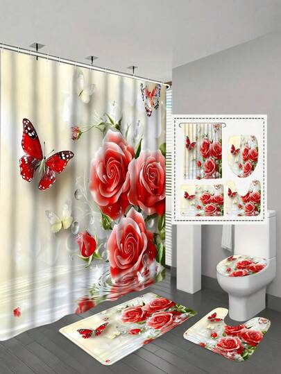 1/4pcs Rose & Butterfly Pattern Shower Curtain Set, Shower Curtain With 12 Plastic Hooks, Bathroom Non-Slip Mat, U-Shaped Toilet Lid Cover, Modern Home Bathroom Decor Accessories