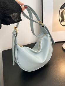 New Fashion Women's Solid Color Minimalist Shoulder Bag, PU Leather, Suitable For Dates, Shopping, Versatile And Exquisite - Blue - View 5