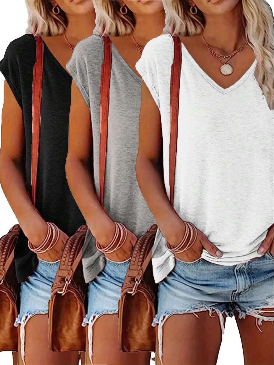 3pcs Plus Size Solid Color V-Neck T-Shirts, Casual Short Sleeve T-Shirts Spring Summer, Women's Clothing