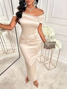 AIJ Amarilo Women's Rust Orange Satin Off-Shoulder Fitted Maxi Dress - Waist Ruched Design, Elegant Wedding Guest & Party Attire - Apricot - View 6