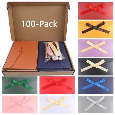 100pcs 10-Color Ribbon Bow Envelopes, Vintage Pearl Finish, 8.6"X6.2" Suitable For 8"X6" Cards, Wedding, Birthday Party Invitations, Office Documents (100pcs In Airplane Box Packaging)