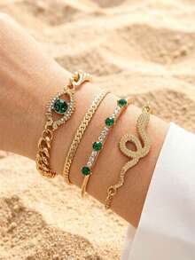 4件套时尚金属锌合金蛇形恶魔眼绿色水钻手链套装，适合女性日常佩戴，也是送给朋友的珠宝礼物。 - 金色 - 查看 2