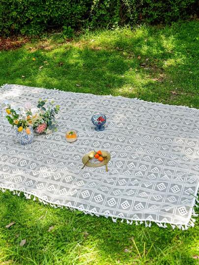 1件米色格子流苏扫帚，户外露营野餐垫，装饰性，Rama Homestyle品牌，野餐必备，家庭出游，露营装备，假日使用