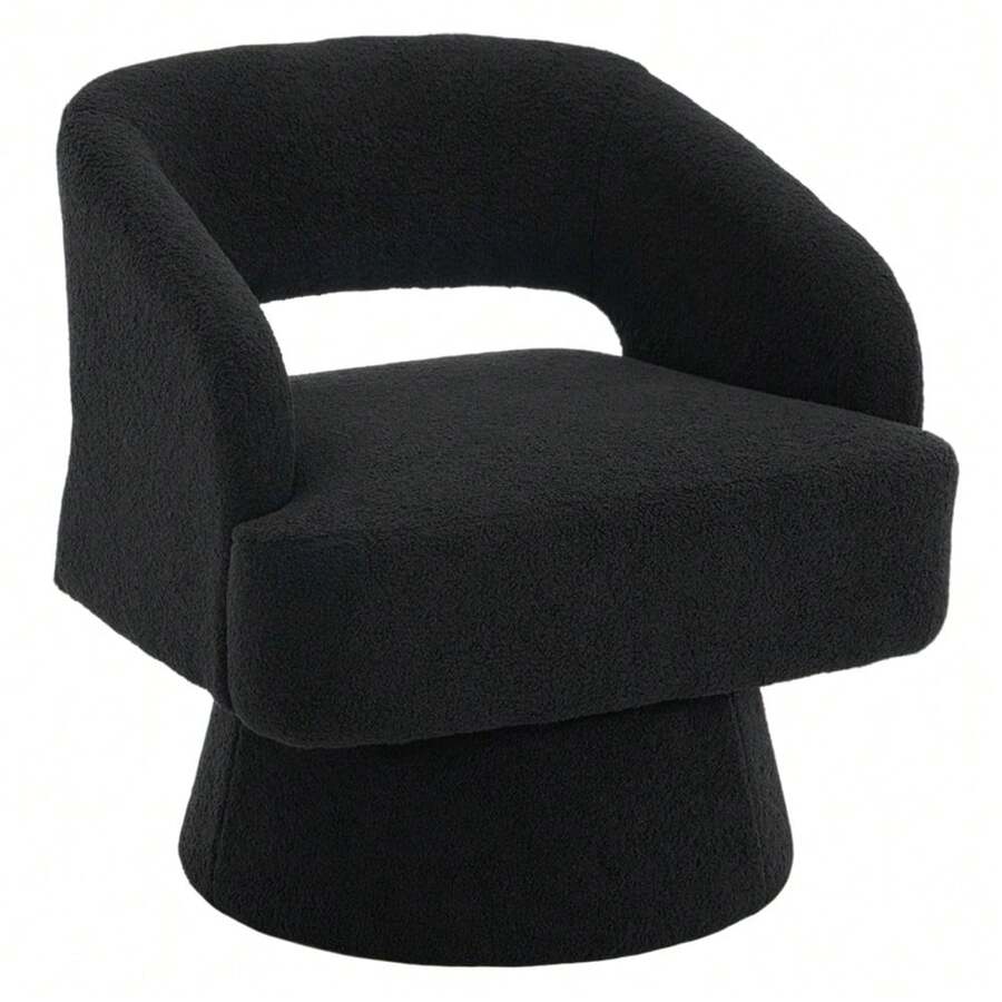 TEQIN Swivel Barrel Chair, Velvet Upholstered Modern Armchair With Striped Backrest & Plush Padding, Round Lounge Chair For Living Room, Bedroom - 泰迪絨-黑色 - 查看 1