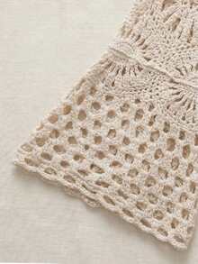 女士夏季波西米亚风钩针编织罩衫，手工镂空针织罩衫，喇叭袖设计，前系带，适合节日、海滩度假、母亲节礼物 - 杏色 - 查看 5