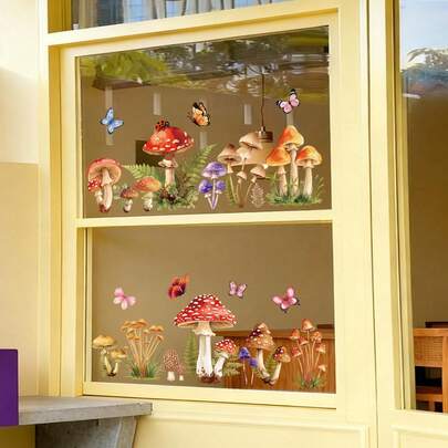 Bộ 1 tờ decal dán cửa sổ hình nấm và bướm vẽ màu nước, phong cách rừng cổ tích tự nhiên, trang trí dễ thương cho phòng trẻ em, decal dán kính trang trí tạo không khí ấm cúng cho cửa sổ và cửa ra vào, decal dán kính trang trí không khí lễ hội.