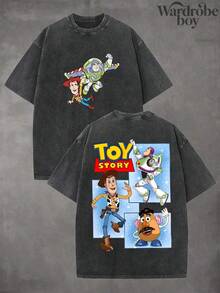 Disney Vintage Washed Space Ranger & Cowboy & Potato Friend Graphic T-Shirt, Premium 100% Cotton, Unisex Regular Fit, Retro Cartoon Style, Popular Design, Perfect For Festival, Holiday Gift & Daily Wear, Great Gift For Cartoon Fans, Comfortable And Durable, Suitable For Various Occasions - 黑色 - 查看 1
