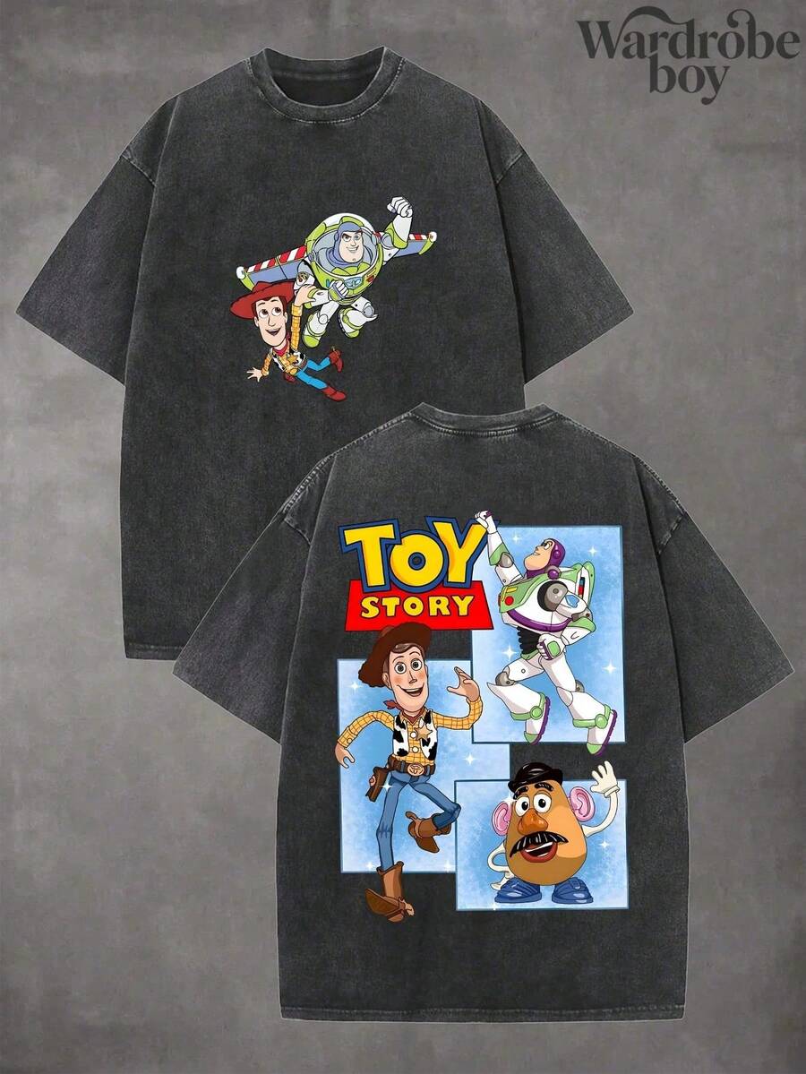 Disney Vintage Washed Space Ranger & Cowboy & Potato Friend Graphic T-Shirt, Premium 100% Cotton, Unisex Regular Fit, Retro Cartoon Style, Popular Design, Perfect For Festival, Holiday Gift & Daily Wear, Great Gift For Cartoon Fans, Comfortable And Durable, Suitable For Various Occasions - 黑色 - 查看 1
