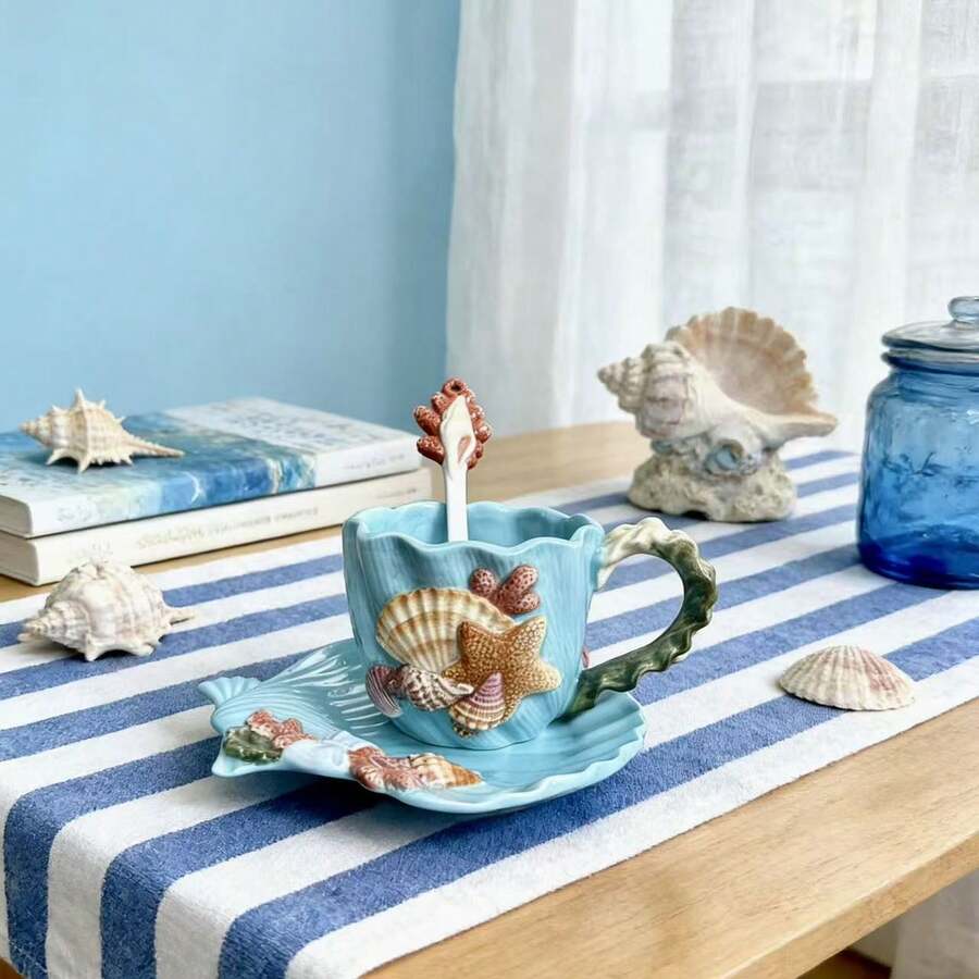 3D手繪陶瓷咖啡杯碟組附湯匙,海洋貝殼海星珊瑚圖案,創意茶杯居家廚房裝飾禮品 - 薄荷藍 - 查看 1