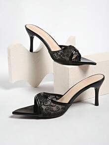 2026 Nuevas sandalias de tacón alto de punta fina y tacón de aguja con estilo elegante de dama, de encaje sexy y resistentes al agua - Negro - Ver 4