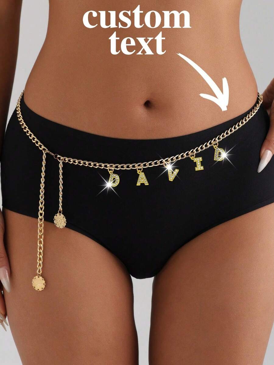 Customized Letter Waist Chain For Women,Single-Layer Body Chain,Custom Name Body Chain Waist Chain,Personalized Name Chain, Suitable For Party Wear - Gold - View 1