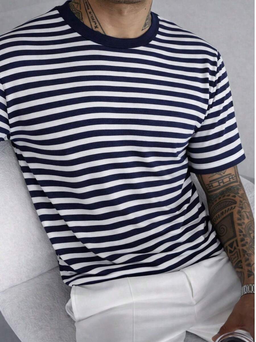 Modern Striped Slim Fit T-Shirt,  Style, All Slim Fit. - 藍白條紋 - 查看 1