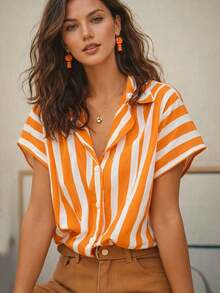 女士条纹衬衫，宽松短袖纽扣衬衫，春夏款 - 橘色 - 查看 2