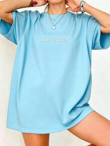 Oversized Women's Casual Overstimulated Graphic Short Sleeve T-ShirtNew Stylish T-Shirt-Summer Apparel, Unisex, Vintage Heavyweight Loose Washed T-Shirt, Suitable For Outings, Casual Street-Style Top - 淺藍色 - 查看 5