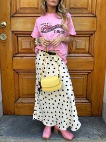 Women's Polka Dot Satin Maxi Skirt, Spring Summer Elastic High Waisted Elegant Flowy A-Line Long Skirt - White - View 1