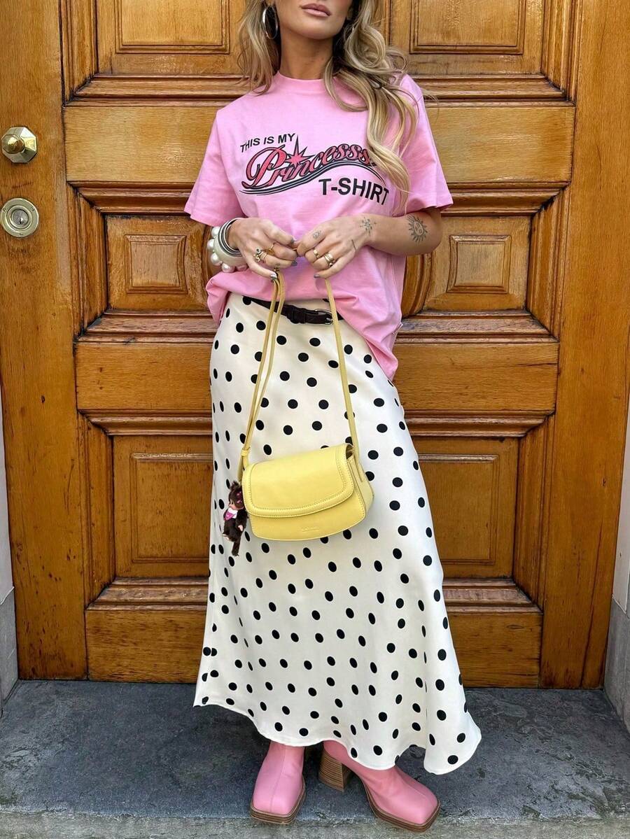 Women's Polka Dot Satin Maxi Skirt, Spring Summer Elastic High Waisted Elegant Flowy A-Line Long Skirt - White - View 1