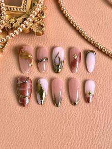 10片装女士手工按压式美甲贴片，粉色美甲饰品，亚克力材质，手绘金色纹理渐变星形装饰，Y2K风格，可重复使用，美甲套装，含指甲胶、凝胶指甲油、美甲贴纸、美甲师用品及配件，假指甲亚克力按压式美甲贴片，适合女性和女孩，日常生活、派对、婚礼、约会、购物、旅行、节日庆典等场合的理想之选，手工按压式美甲套装，闪亮装饰配件，完美适用于特殊场合。 - 彩色 - 查看 3