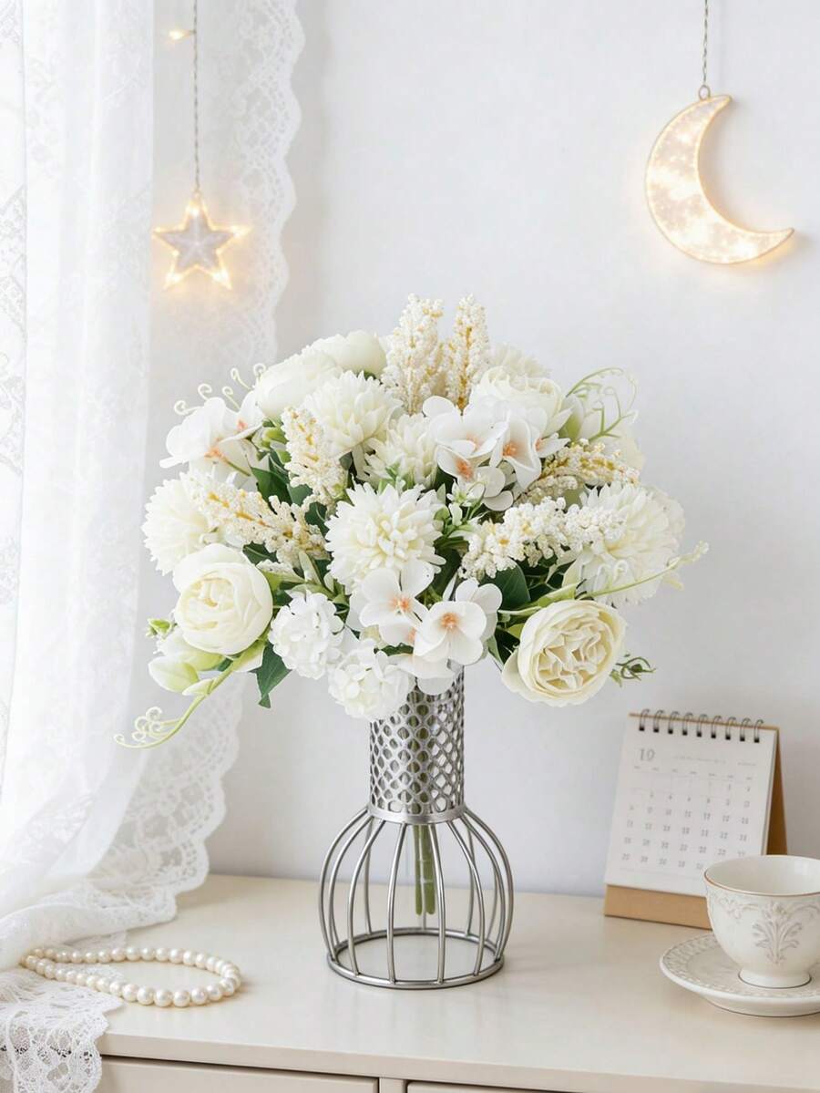 1pc Artificial Silk Hydrangea Bouquet, Fake Tea Roses, For Spring And Autumn Wedding Vases, Can Be Used For Home, Restaurant, Bedroom, Bathroom, Room Decoration, Mother's Day, Father's Day, Holiday Birthday Party Supplies, Outdoor Garden Decoration - Milky White - View 1