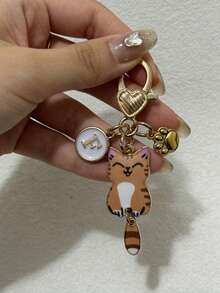 Customized Initial Cat Paw & Heart Keychain, Gold Heart Charm, Cat Paw Pendant, Gift For Girls - Khaki Cat + Paw Print Heart-shaped Buckle - View 4