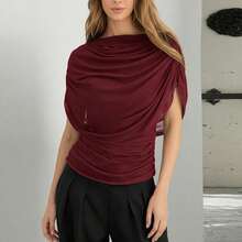 Women's Scarf Collar Draped Sleeveless Fitted Top Soft Stretchy Elegant Work Blouse Casual Office Wear Vacation Streetwear Spring Summer 2026 - 酒紅色 - 查看 4