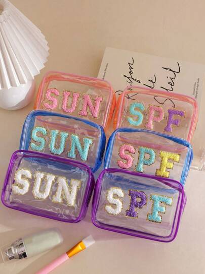 Waterproof Transparent SPF Sunscreen Cosmetic Bag, PVC Zipper Makeup Bag, Portable Travel, SPF Velvet Patch, Small/Large Size Options, Cosmetic Bag, Makeup Pouch, Travel Essential