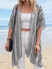 Summer Kimonos For Women Boho Floral Short Sleeve Flowy Cardigans Swimsuit Beach Cover Ups For Women - 灰色印花 - 查看 3