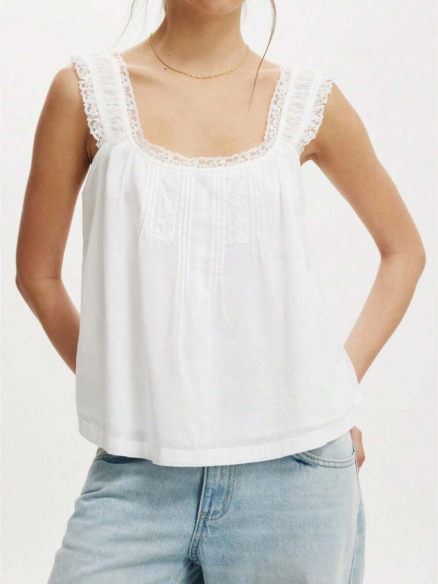 Women Summer Sleeveless Tank Top Square Neck Lace Trim Casual Loose Boho Vest Shirts Basic Solid Tees - trắng - Xem 1