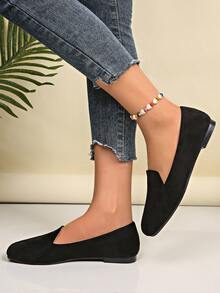 2026 Spring New Women's Square Toe Soft Bottom Slip-On Flat Shoes, Women's Autumn Shoes Fashion Versatile Loafers Retro American Style Shoes, Elegant Women's Shoes Black Shoes Brown Shoes Suede Shoes Office Shoes, Women's Loafers Ladies Mary Jane Shoes Formal Shoes, Breathable Solid Color Patchwork Design Casual Shoes Suitable For Leisure, Beach, Party, Commuting, Basic Occasions, All-Season - Black - View 10