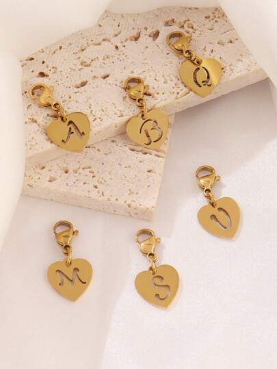1 pieza Colgante con inicial de letra en forma de corazón de acero inoxidable con cierre de langosta, accesorio de alta pulida para hacer joyas DIY