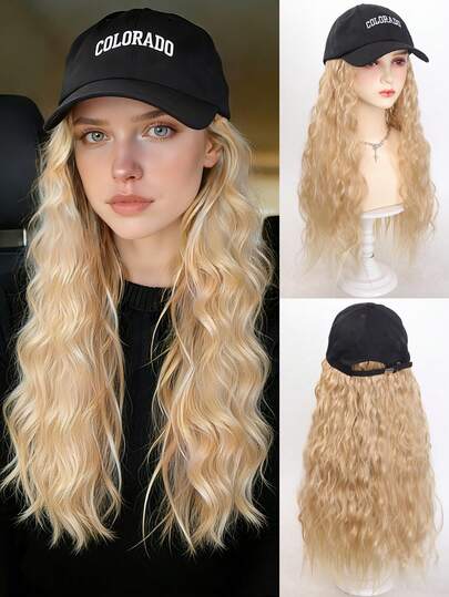 Hat Wig 22Inch Baseball Cap With Wave Curly Hairpiece For Women Halloween Party Costume Girl Daily Hair Style Wig - Gold