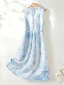 女士休闲圆领通勤雪纺褶皱扎染印花宽松腰A字连衣裙，夏季 - 藍白色 - 查看 2