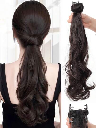 Tóc giả đuôi ngựa dài 16 inch, kiểu gợn sóng, màu nâu nhạt, có kẹp, thích hợp để sử dụng hàng ngày.