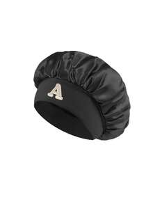 1pc Children's A-Z Letter Pink Satin Elastic Wide-Brim Sleep Cap - Snug Fit Sleep Hat, Hair Protection, Super Soft Breathable Design With Anti-Slip Lining - Black - View 4