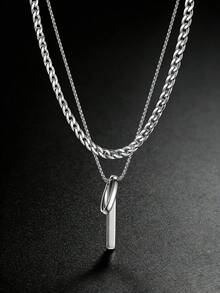 2 piezas/Set Collar Minimalista de Capas, Colgante de Barra Vertical Elegante & Cadena de Eslabón Cubano Grueso, Accesorios de Estilo Callejero, Joyería de Estética Atrevida - Plateado - Ver 1