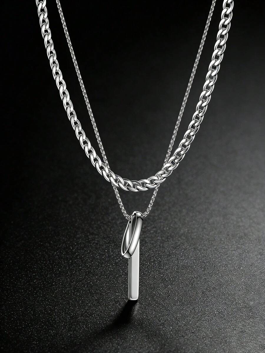 2 piezas/Set Collar Minimalista de Capas, Colgante de Barra Vertical Elegante & Cadena de Eslabón Cubano Grueso, Accesorios de Estilo Callejero, Joyería de Estética Atrevida - Plateado - Ver 1