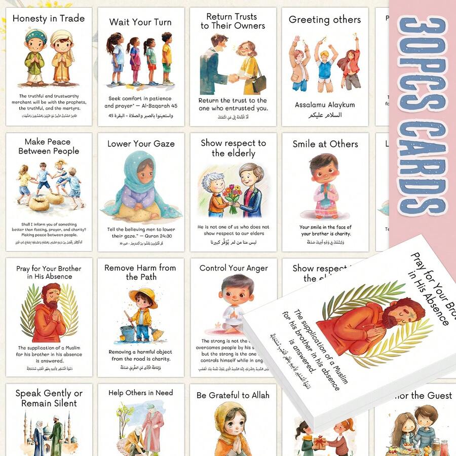 30pcs Islamic Ritual Flash Cards, English-Arabic Bilingual, Beautifully Illustrated Scenes, Islamic Learning Cards, Ideal For Families, Schools And Ramadan Education, Family Education Resources, Ramadan Gift - Multicolor - View 1