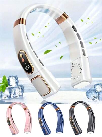 1个颈挂式风扇，无叶便携式颈扇，长效电池，5档可调风速，LED显示屏，可调光，适合学生、办公室、户外旅行，完美礼物，节日必备