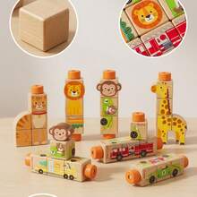 4-Sided Rotating Wooden Puzzle Toy, Animal & Transportation Theme Early Education Building Blocks, Educational Gift - Multicolor - View 11