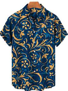 Golden Floral Compass Pattern Radiates Symmetry Symbolizing Direction Wisdom And Elegance For Confident Style 3D Printed Mens Short Sleeve Button Down Shirt - A508D-aT22881 - View 3