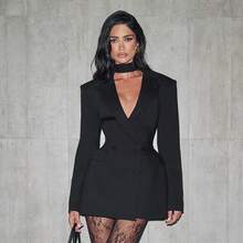 Women's Elegant Business Suit Dress, Deep V Neck Long Sleeve Ruffle Waist Cinched, Spring & Fall Office Wear, Plain Style - Black - View 2