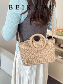 New Khaki Handwoven Straw Basket Bag, Round Handle Drawstring Tote Bag, Fresh Summer Beach Vacation Handbag For Women - Khaki - View 4