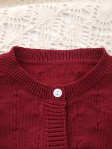 Baby Girl Knitted Round Neck Perforated Solid Color Cardigan - Burgundy - View 2